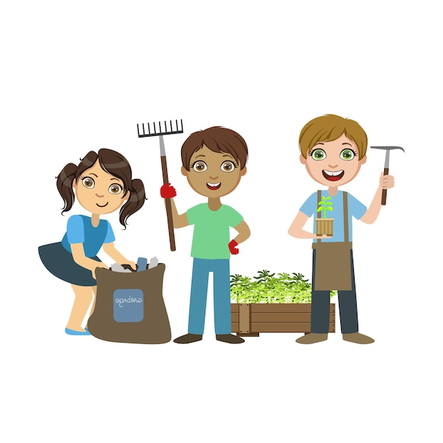 Vector children gardening together