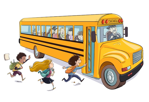 children getting on the school bus