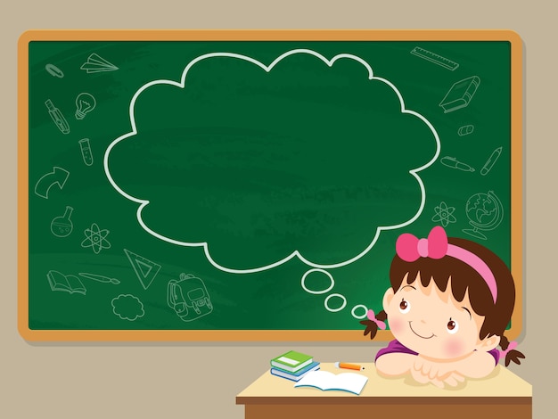 Children girl thinking and chalkboard