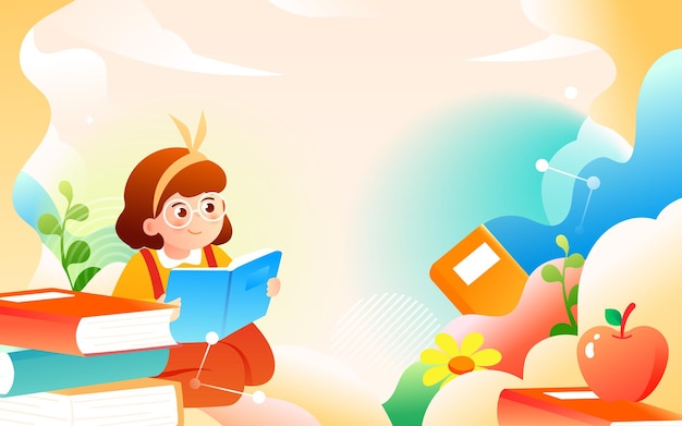 Children go back to school for the new term with books and learning tools in the background, vector