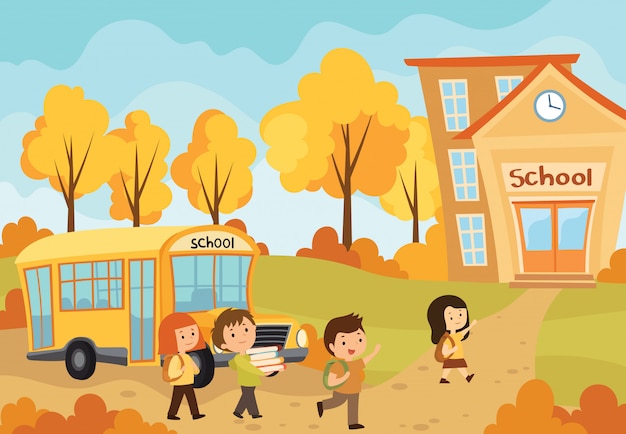 Vector children going to school.   illustration of the autumn landscape with schoolchildren going back to school.