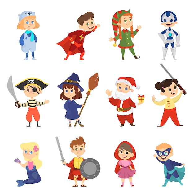 Children in the halloween carnival costume set. collection of boy and girl in party outfit. superhero and mermaid.   illustration in cartoon style