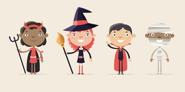 Children in Halloween Costumes Flat Design Style