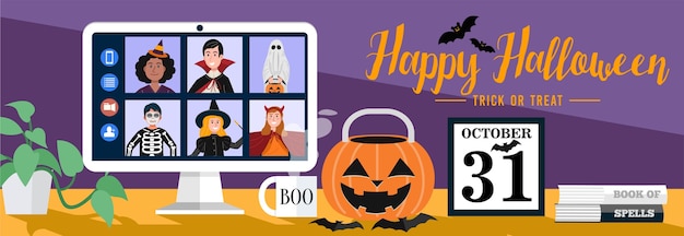 Children in halloween dress video meetings at home. vector