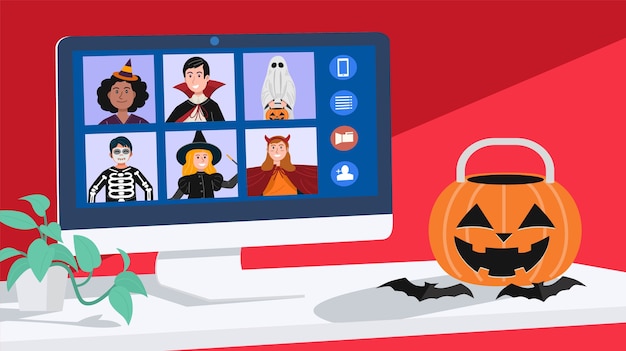 I bambini ad halloween vestono riunioni video a casa. vettore