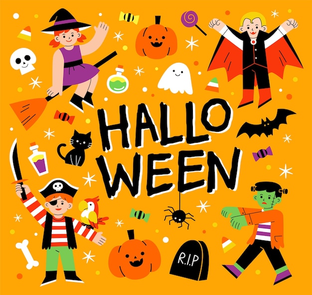 Vettore bambini in costume di halloween per dolcetto o scherzetto. modello per brochure pubblicitaria. felice concetto di halloween.