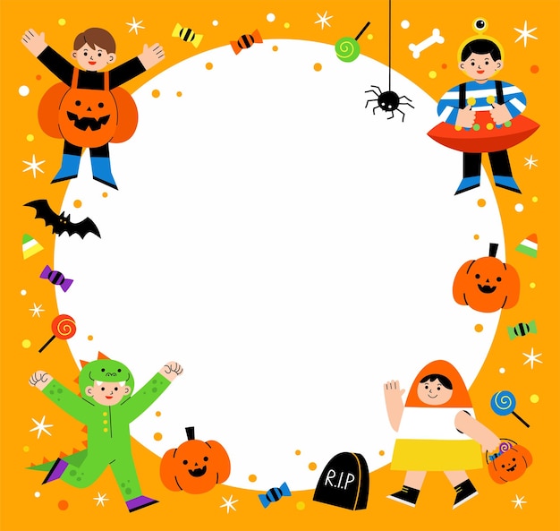 Vettore bambini in costume di halloween per dolcetto o scherzetto. modello per brochure pubblicitaria. felice concetto di halloween.