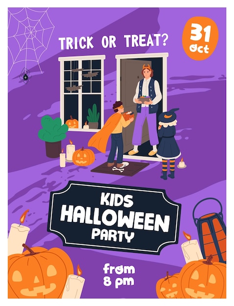 children halloween party event poster promotion of kids helloween masquerade friends in carnival costume go to neighbors to trick or treats get candy sweets at holiday flat vector illustration