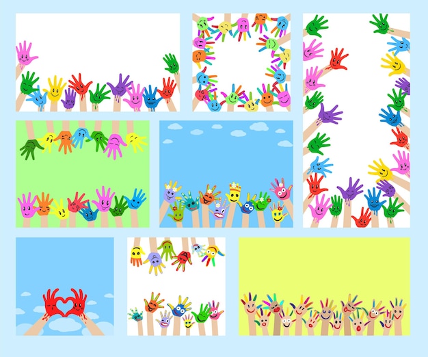 Children hands with smiling face vector illustrations colorful happy kid palms backgrounds set