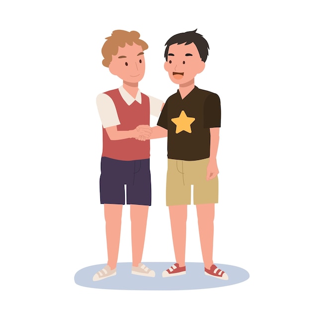 Vector children handshake concept cute happy kid doing hand shake with friend flat vector cartoon illustration