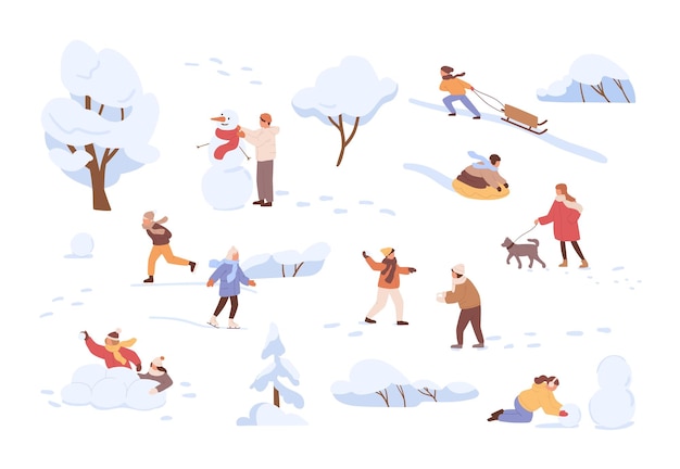 Children having fun outdoors on winter holidays. Kids activities and entertainments in wintertime. People playing snowballs, skating and sledding. Flat vector illustration isolated on white background