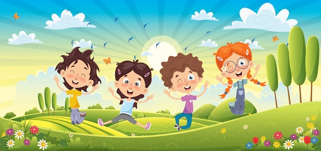 Children Having Fun At Spring Landscape