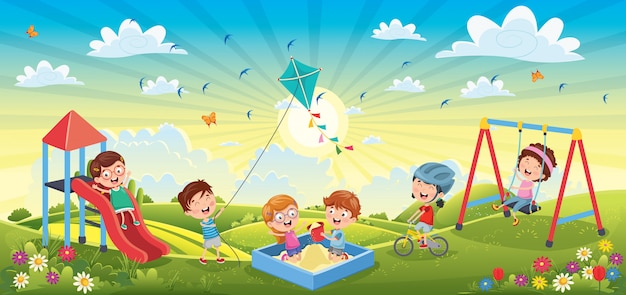 Children Having Fun At Spring Landscape