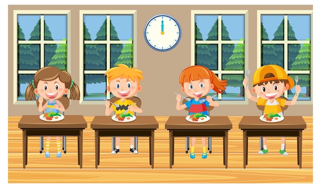 학교에서 건강한 점심을 먹는 아이들