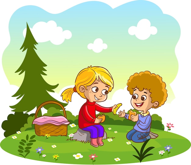 ピクニックを持つ子供たちのベクトル イラスト