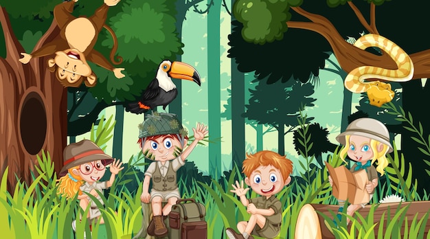 Vector children hiking in the forest