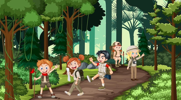 Children hiking in the forest