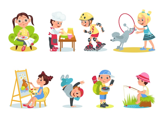 Children hobbies cartoon kids characters with different interests funny boys and girls with favorite attributes happy teenagers painting or training dog handicraft activities splendid vector set