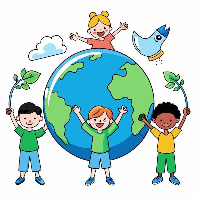 children holding hands around a globe with a bird flying above them