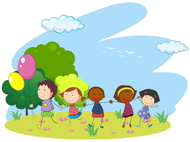 Vector children holding hands in the park