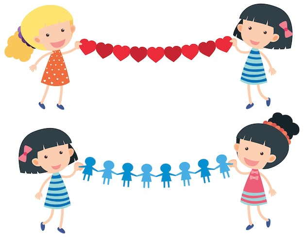 Children holding paper heart chain on white background