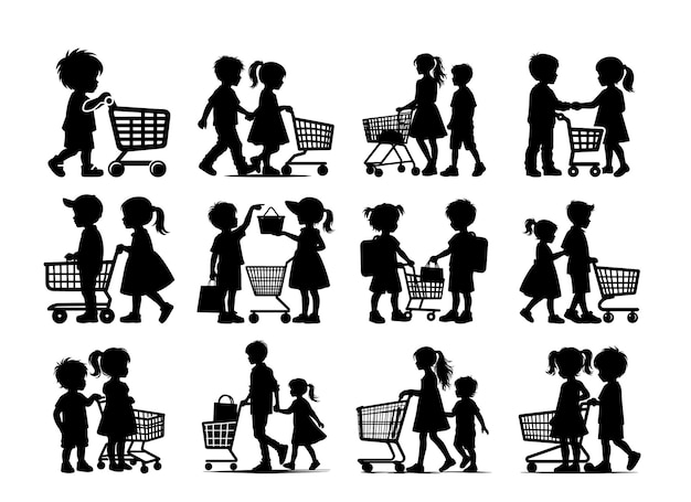 Children in holding a shopping cart Silhouette Vector Illustration set