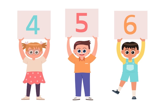 Children holding signs with number 4 to 6 cartoon vector