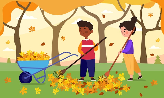 Vector children do housework concept a boy and a girl with a cart and a rake are cleaning fallen leaves in