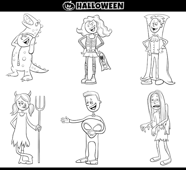 Дети в костюмах хэллоуина набор мультфильм раскраски страницы книги
