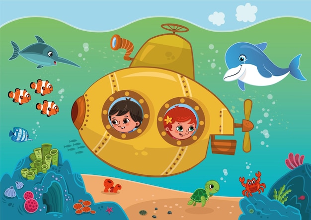 The children inside the yellow submarine are traveling under the sea vector illustration