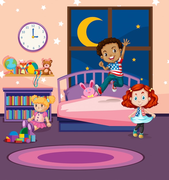 Children jumping on bed