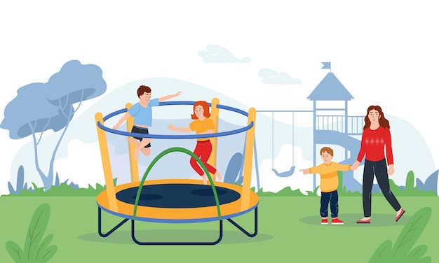Дети прыгают на батуте на детской площадке с плоской векторной иллюстрацией