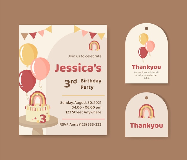 Vector children kids birthday invitation card aesthetic bohemian style template with balloon cake rainbow