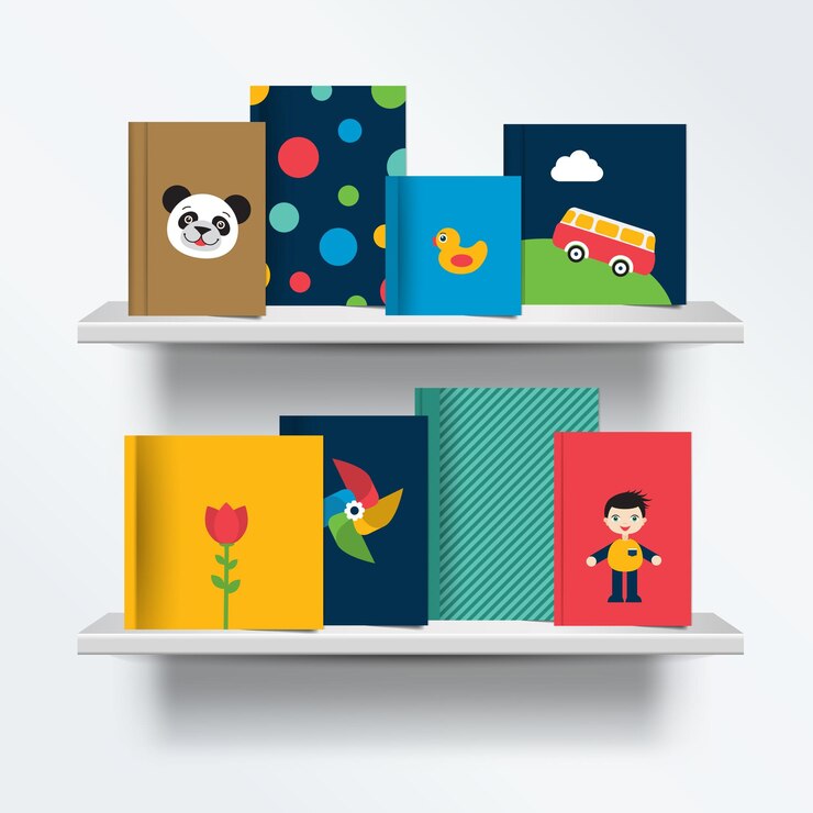 वेक्टर children kids bookshelf front view of books cover standing on grey background with shadows vector illustration