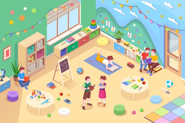 本を読んでいる幼稚園の子供たちまたは子供たち