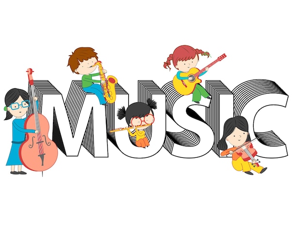 Vector children and kids playing and sitting on music text vector illustration isolated on white background