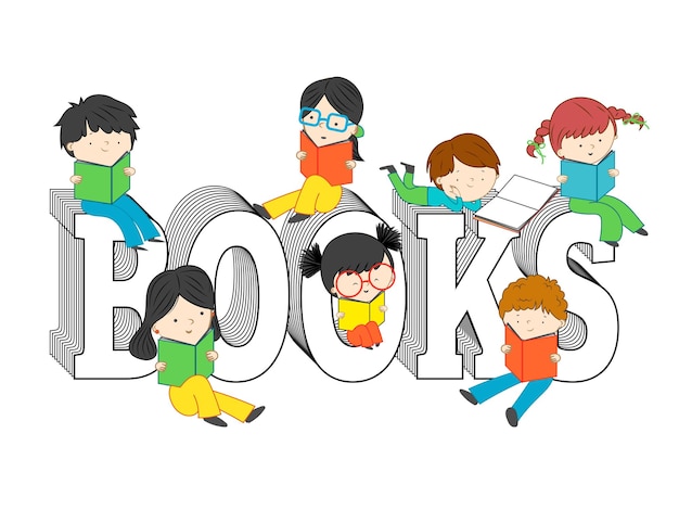 Children and kids reading and sitting on books text vector illustration isolated on white background