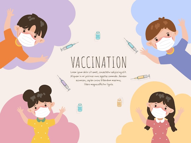 Дети дети в масках для лица, чтобы получить защитную вакцину для защиты от коронавируса covid19