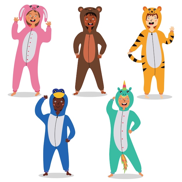 Vettore bambini in pigiama kigurumi. costumi di carnevale per bambini. pigiama party per bambini. illustrazione modificabile vettoriale
