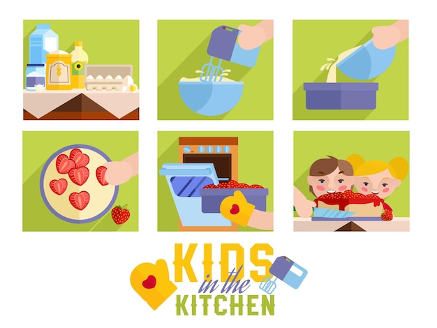 Vector children in the kitchen cooking a cake with strawberries