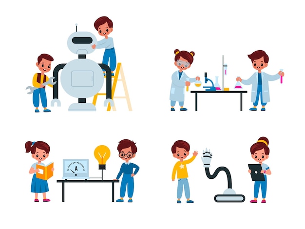 children laboratory young scientists conduct research kids in special lab coats assembling robot work with chemicals experiments with reagents science and education vector isolated set