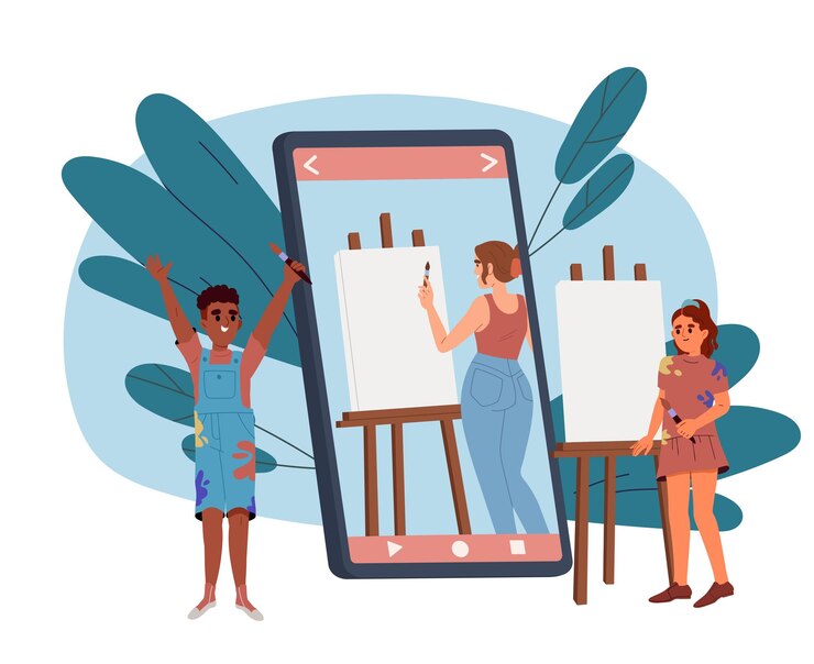Vector children learn to draw boy and girl with host near huge smartphone artists practicing in studio