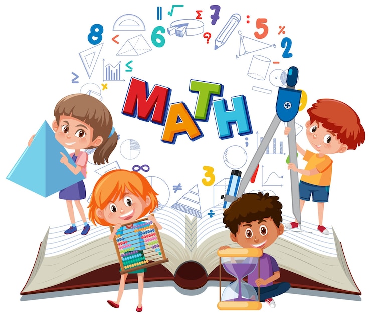Vector children learning math with tools on book isolated