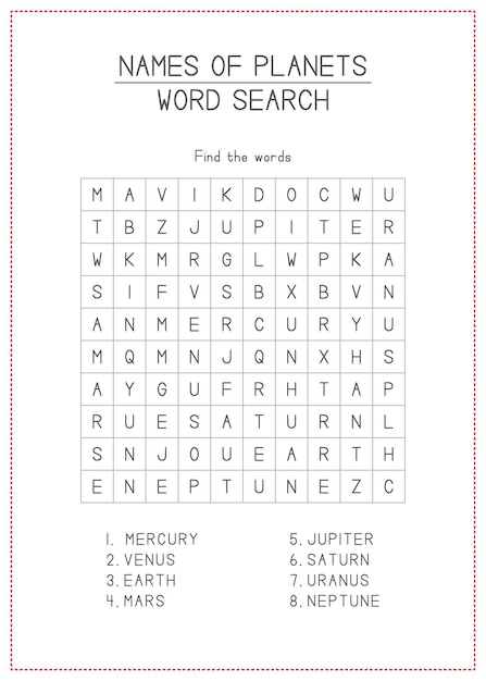 Children Learning Printable Names of Planets Word Search