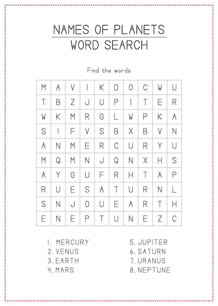 Vettore bambini che imparano i nomi stampabili dei pianeti word search