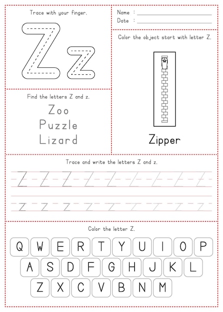인쇄 가능한 추적 색칠 및 쓰기 알파벳 Z를 배우는 어린이