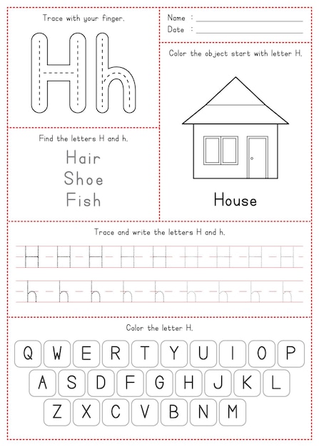 인쇄 가능한 추적 색칠 및 쓰기 알파벳 H를 배우는 어린이