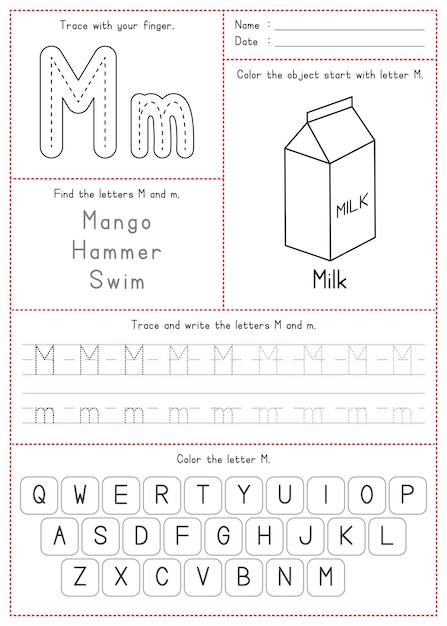 인쇄 가능한 추적 색칠 및 쓰기 알파벳 M을 배우는 어린이
