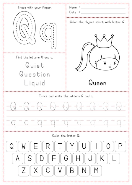 Дети учатся раскрашивать и писать букву Q для печати