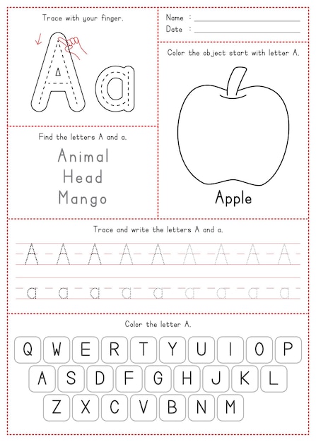 인쇄 가능한 추적 색칠 및 쓰기 알파벳 A를 배우는 어린이